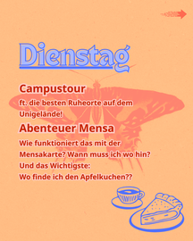 Das Bild zeigt das Programm für Dienstag, den 29.09. An diesem Tag findet eine Campustour mit besonderem Fokus auf Ruheorten auf dem Unigelände statt. Des Weiteren ist ein gemeinsamer Besuch einer der Mensen geplant.