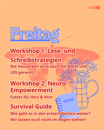 Am 02.10. finden zwei Workshops statt: Einer zum wissenschaftlichen Schreiben mit Neurodivergenz und einer zu neurodivergentem Empowerment. Des Weiteren werden die kommenden Wochen an der Universität mit den Teilnehmenden besprochen.