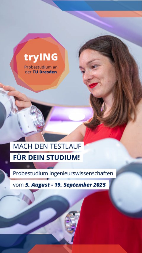 Postkarte tryING, Schriftzug Studieren Probieren! Eine Frau baut ein kleines Gebilde aus Holzelementen.