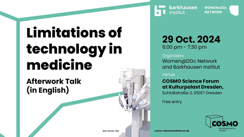 Auf dem Bild wird der Afterwork Talk "Limitations of technology in medicine" beworben. Der Talk findet am 29.10.2024 von 18 bis 19:30 Uhr statt. Die Veranstaltung findet im Cosmo Science Forum statt. Die Sprache ist Englisch. 