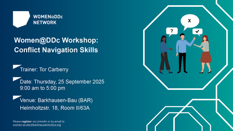 Workshop Ankündigung für „Women@DDc: Conflict Navigation Skills“ am 25.09.2025 in Dresden mit Trainer Tor Carberry. Enthält Zeit, Ort und Kontaktangaben sowie eine Grafik mit drei diskutierenden Personen.