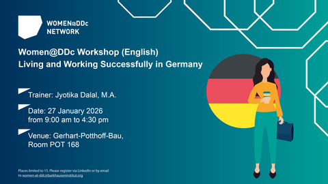 Grafik zum Women@DDc Workshop ‚Living and Working Successfully in Germany‘ mit Trainerin Jyotika Dalal am 27.01.2026 im Gerhart-Potthoff-Bau, Raum POT 168; rechts Frau mit Kaffeetasse und Tasche.
