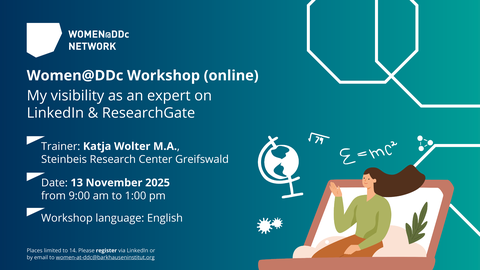 Grafik zum Online-Workshop „Women@DDc: My visibility as an expert on LinkedIn & ResearchGate“ mit Trainerin Katja Wolter, Datum 13. November 2025, und Illustration einer Frau in einem Laptop.