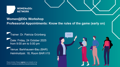 Workshop-Ankündigung „Women@DDc: Professorial Appointments“ am 24.10.2025 für Frauen in der Wissenschaft, mit Infos zu Berufungsverfahren und Trainerin Dr. Patricia Grünberg.  