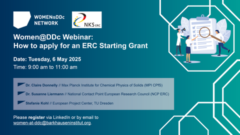 Ankündigung eines Webinars mit dem Titel "How to apply for an ERC Starting Grant", organisiert vom Women@DDc Network, mit Datum, Uhrzeit und Referentinnen.  