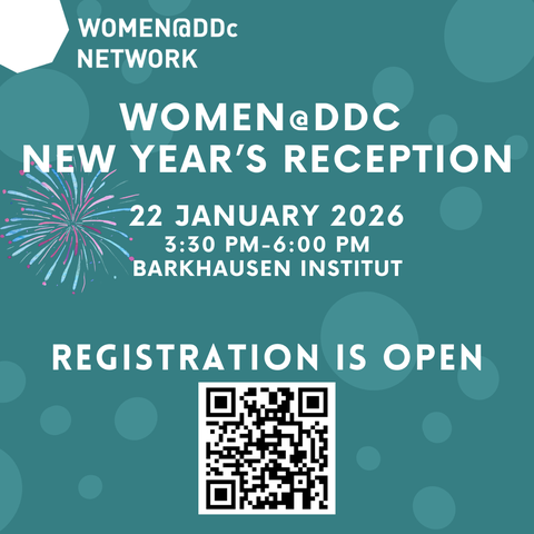 Grafik des Women@DDC-Netzwerks mit Infos zum New-Year’s Reception am 22. Januar 2026 im Barkhausen Institut, Feuerwerks-Illustration und QR-Code zur Anmeldung. 
