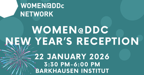 Grafik des Women@DDC-Netzwerks mit Infos zum New-Year’s Reception am 22. Januar 2026 im Barkhausen Institut mit Feuerwerks-Illustration.