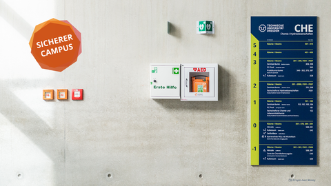  Feuermelder, Erste-Hilfe-Kit und Etagenübersicht auf einer Wand im Hörsaalzentrum.