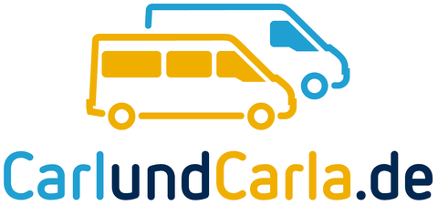 Das Logo der Autovermietung CarlundCarla bestehend aus zwei Transportern und einem Schriftzug.