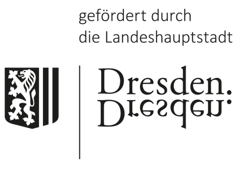 Das Logo zeigt das Wappen der Landeshauptstadt Dresden. Rechts daneben steht "Dresden". Über Stadtwappen und "Dresden" steht "gefördert durch die Landeshauptstadt". 