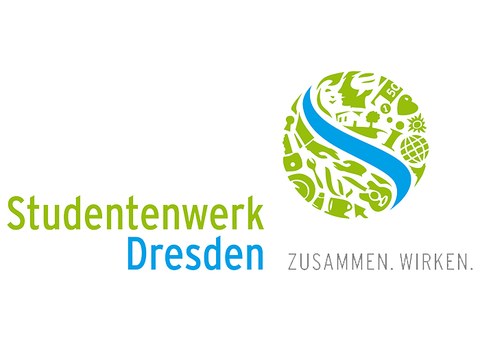 Das Logo des Studentenwerk Dresden ist grün und blau. Als Textzusatz steht "Zusammen.Wirken" unterhalb der Grafik.