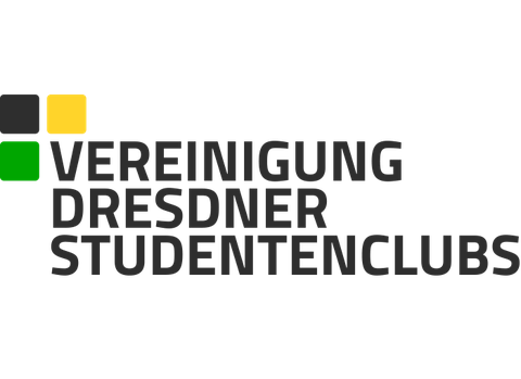 Die Grafik zeigt das Logo der Vereinigung Dresdner Studentenclubs. Es besteht aus dem Schriftzug "Vereinigung Dresdner Studentenclubs" und drei kleinen Vierecken oben links in grün, schwarz und gelb.