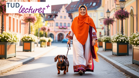 Türkischstämmige Frau mit einem Dackel in einer deutschen Stadt