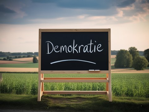 Eine Wiese und im Vordergrund eine Tafel auf der politische Bildung steht