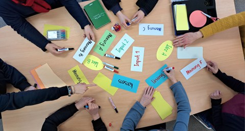 Das Foto zeigt einen Tisch auf dem verschiedene Moderationskarten liegen mit Begriffen, wie Lösung, Meinung, input oder Konsens. Es sitzen viele Menschen am Tisch, aber man sieht nur deren Hände und ARme, wie sie einzelne Karten gerade schreiben oder in der Hand halten oder auf sie zeigen. Es liegen außerdem Workshopmaterialien, wie Stifte, Pinnnadeln und Scheren auf dem Tisch.