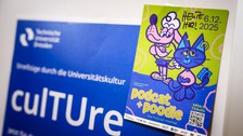 Ein Plakat mit der Aufschrift culture ist im Hintergrund zu sehen. Vorne rechts hängt ein Flyer des Podcastfestivals "Podcat + poodle"