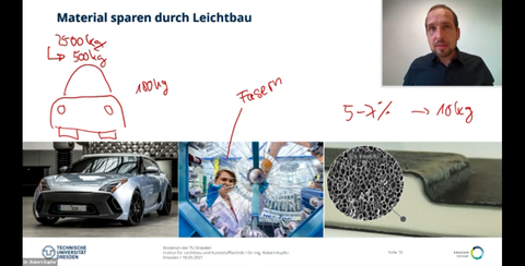 Das Bild zeigt Dr. Robert Kupfer und eine seiner Vorlesungsfolien, mit der er den Kindern zeigt, wie Material durch Leichtbau eingespart werden kann (z.B. im Automobilbau).