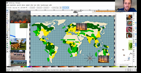 Das Bild zeigt einen Screenshot der Zoom-Vorlesung von Dr. Benjamin Leon Bodirsky. Er ist oben links zu sehen. Den Großteil des Bildes nimmt eine Weltkarte ein, auf der einige Ursachen des Klimawanldes zu sehen sind (Waldbrände, Rinderhaltung).