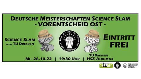 Das Bild zeigt das Plakat zur Ankündigung des Vorentscheids Ost für die Deutschen Meisterschaften Science Slam. Es hat einen grünen Hintergrund. In scharzer Schrift stehen Ort und Zeit der Veranstaltung auf dem Plakat. 