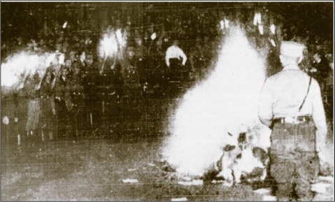 Es handelt sich um eine schwarz-weiß Fotografie von sehr schlechter Qualität. Sie zeigt eine Szene bei der Bücherverbrennung am Bismarckturm am 10. Mai 1933. Zu sehen sind einige lodernde Scheiterhaufen um die uniformierte Menschen stehen.