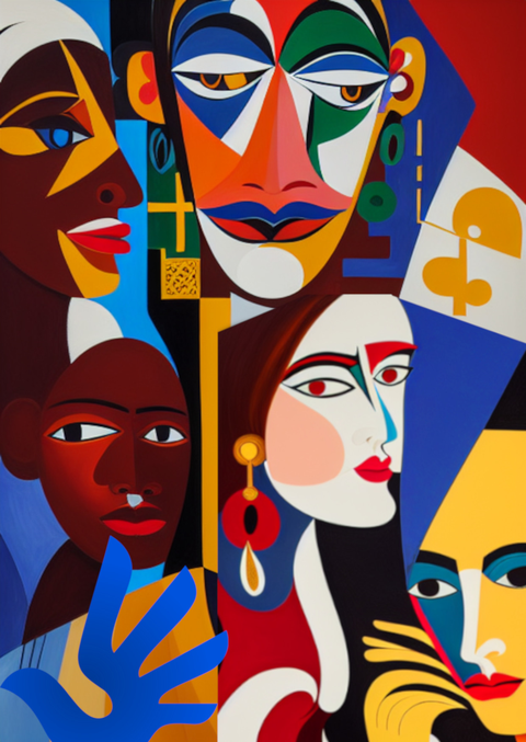 Die künstlerische Illustration zeigt viele Gesichter in unterschiedlichen Farben. 