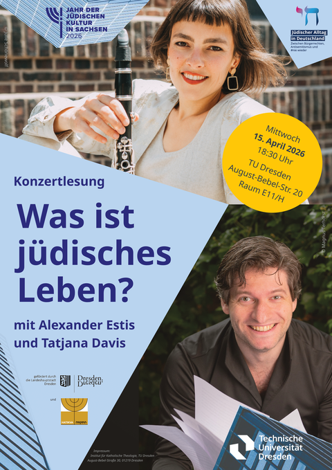 Veranstaltungsposter für die Auftaktveranstaltung "Was ist jüdisches Leben". Das Poster setzt sich aus den zwei Portraitfotos von Alexander Estis und Tatjana Davis zusammen.