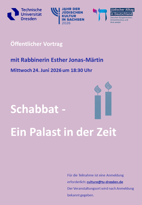 Veranstaltungsposter zum Vortrag "Shabbat - Ein Palast in der Zeit" am 24. Juni 2026.
