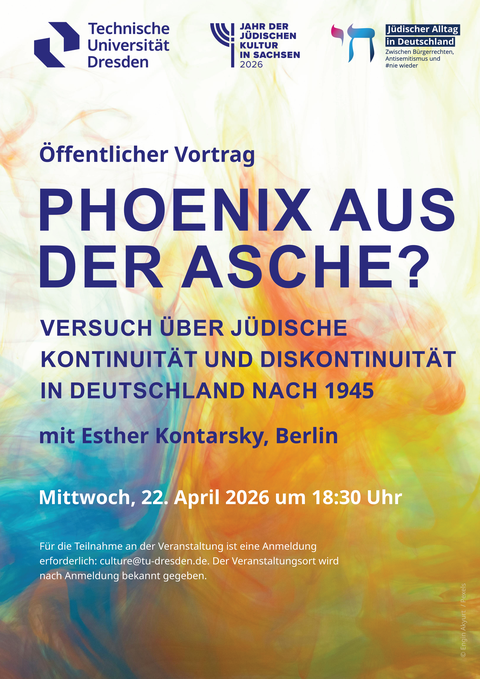 Veranstaltungsposter zum Vortrag "Phoenix aus der Asche? Versuch über jüdische Kontinuität und Diskontinuität in Deutschland nach 1945". Die Veranstaltungsdetails sind auf einem Hintergrund zu sehen, der sich aus groben Pinselstrichen zusammensetzt.