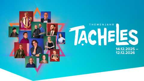 Das Bild zeigt eine Kollage aus Fotos verschiedener Menschen vor einem Davidstern auf einem blauen Hintergrund. Daneben steht der Schriftzug „Themenjahr Tacheles 14.12.2025-12.12.2026“.