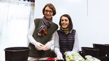 Zwei Frauen blicken in die Kamera. Sie tragen Gummihandschuhe. Vor ihnen stehen Eimer und Boxen mit Gemüse.