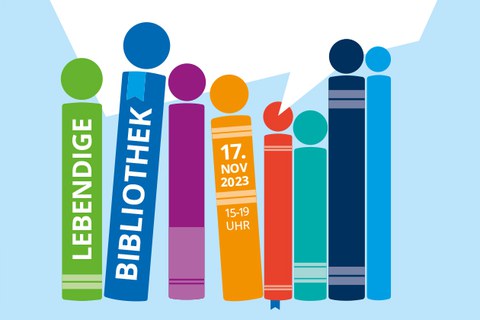 Die Grafik zeigt verschiedene bunte Buchrücken.