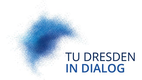 Die Grafik zeigt eine blaue Wolke mit unterschiedlichen Blauschattierungen. Rechts neben der Wolke steht „TU Dresden im Dialog“. 