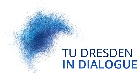 The graphic shows a blue cloud with different shades of blue. To the right of the cloud is the text ‘TU Dresden in dialogue’.