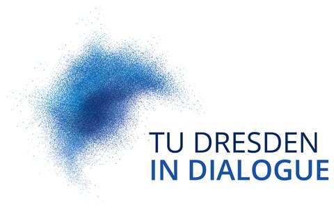 The graphic shows a blue cloud with different shades of blue. To the right of the cloud is the text ‘TU Dresden in dialogue’.