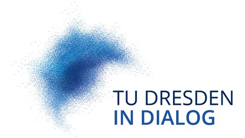 Die Grafik zeigt eine blaue Wolke mit unterschiedlichen Blauschattierungen. Rechts neben der Wolke steht „TU Dresden im Dialog“.