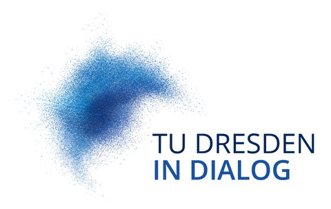 Die Grafik zeigt eine blaue Wolke mit unterschiedlichen Blauschattierungen. Rechts neben der Wolke steht „TU Dresden im Dialog“.