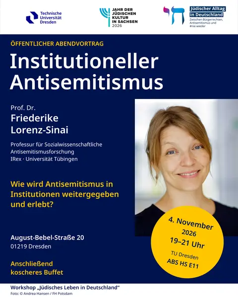 Programmposter für den Abendvortrag "Institioneller Antisemitismus" mit Prof. Friederike Lorenz-Sinai.
