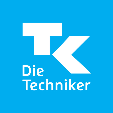 Die Grafik zeigt ein blaues Logo mit den stilistierten Buchstaben T und K und dem Schriftzug "Die Techniker".