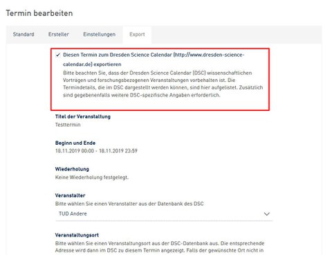 Screenshot aus dem WebCMS - Termin in Dresden Science Calendar exportieren