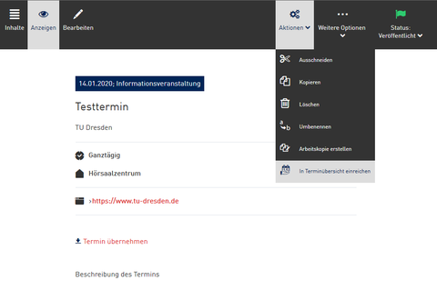 Screenshot aus dem WebCMS - Aktion "In Terminübersicht einreichen"