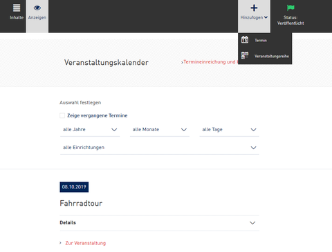 Screenshot aus dem WebCMS - Termin zum Veranstaltungskalender hinzufügen