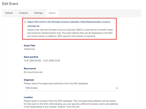 Screenshot from the WebCMS - Export event to Dresden Science Calendar
