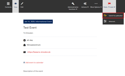 Screenshot from the WebCMS - Changing the state of an event