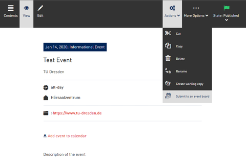 Screenshot from the WebCMS - Action "Submit to an event board".