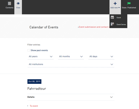 Screenshot from the WebCMS - Add new event to event calendar
