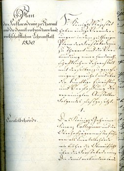 Plan der Forstakademie Tharandt und der damit verbundenen landwirtschaftlichen Lehranstalt vom April 1830. Dieser Plan regelte in insgesamt 37 Paragraphen Zugang, Studieninhalte, Stipendien und die Uniform der Studierenden.