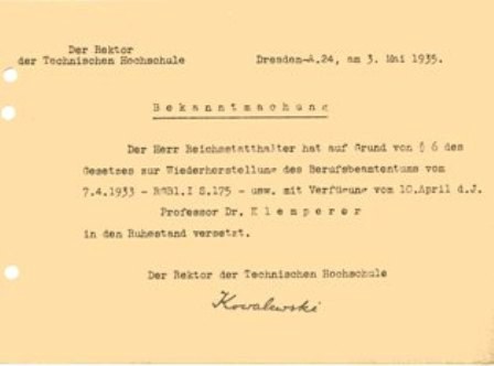 Entlassung des jüdischen Professors Viktor Klemperer 1935.