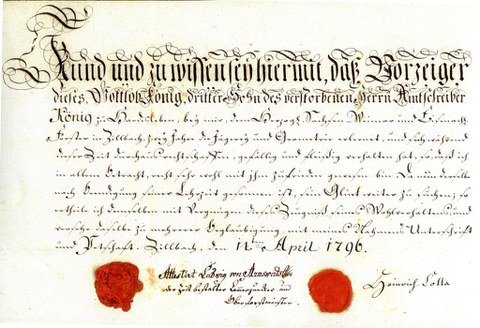 Kopie eines Lehrzeugnisses von Gottlob König aus dem Jahr 1796. H. Cotta betrieb zu dieser Zeit seine Lehranstalt in Zillbach und bescheinigte seinem Schüler Rechtschaffenheit, Fleiß, Gefälligkeit und Wohlverhalten.