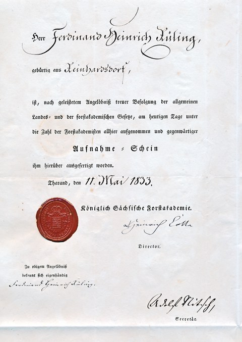 Aufnahme in die Forstakademie Tharandt 1833