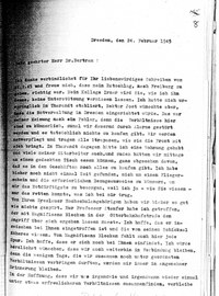 Schreiben zur Notverwaltung der TH und den Verbleib von Kollegen der TH Breslau nach dem Angriff auf Dresden.